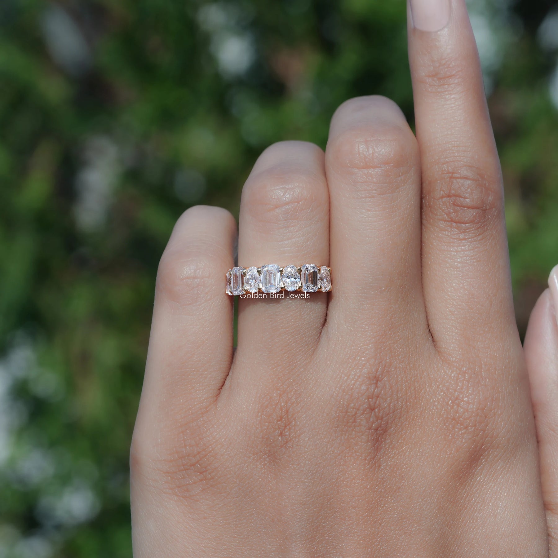 Emerald And Oval Lab Diamond Seven Stone Ring