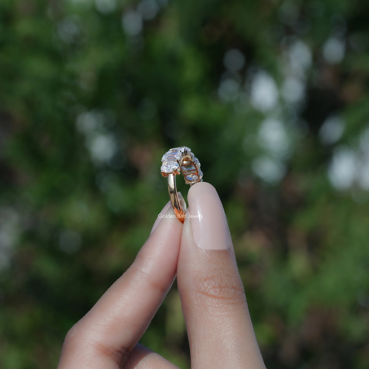 Emerald And Oval Lab Diamond Seven Stone Ring