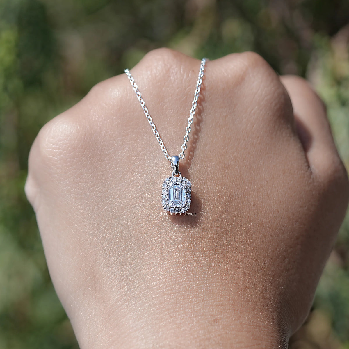 Front View of Emerald Cut Halo Pendant Diamond In White Gold