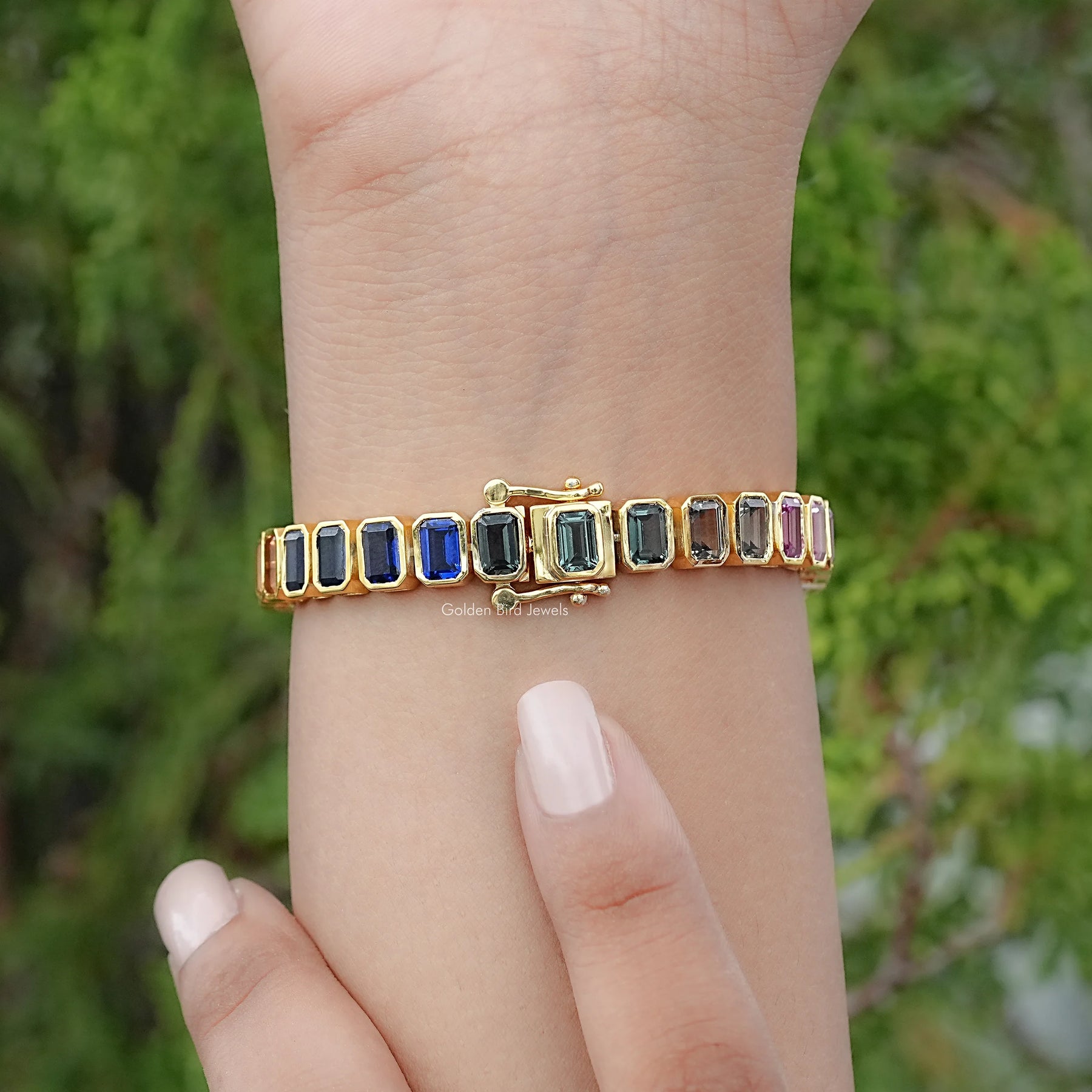 Emerald Lab Gemstone Bezel Set Tennis Bracelet