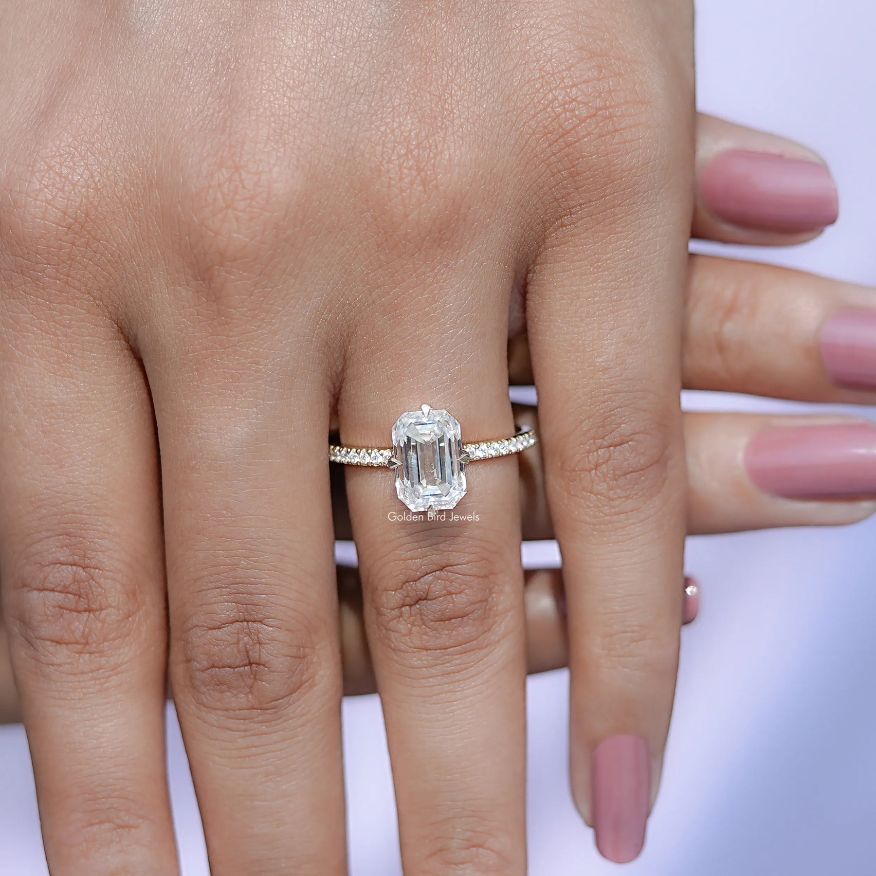 Close view of Emerald Cut Moissanite Engagement Ring