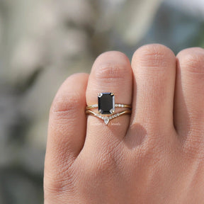View of  Black Emerald Cut Moissanite Yellow Gold Ring