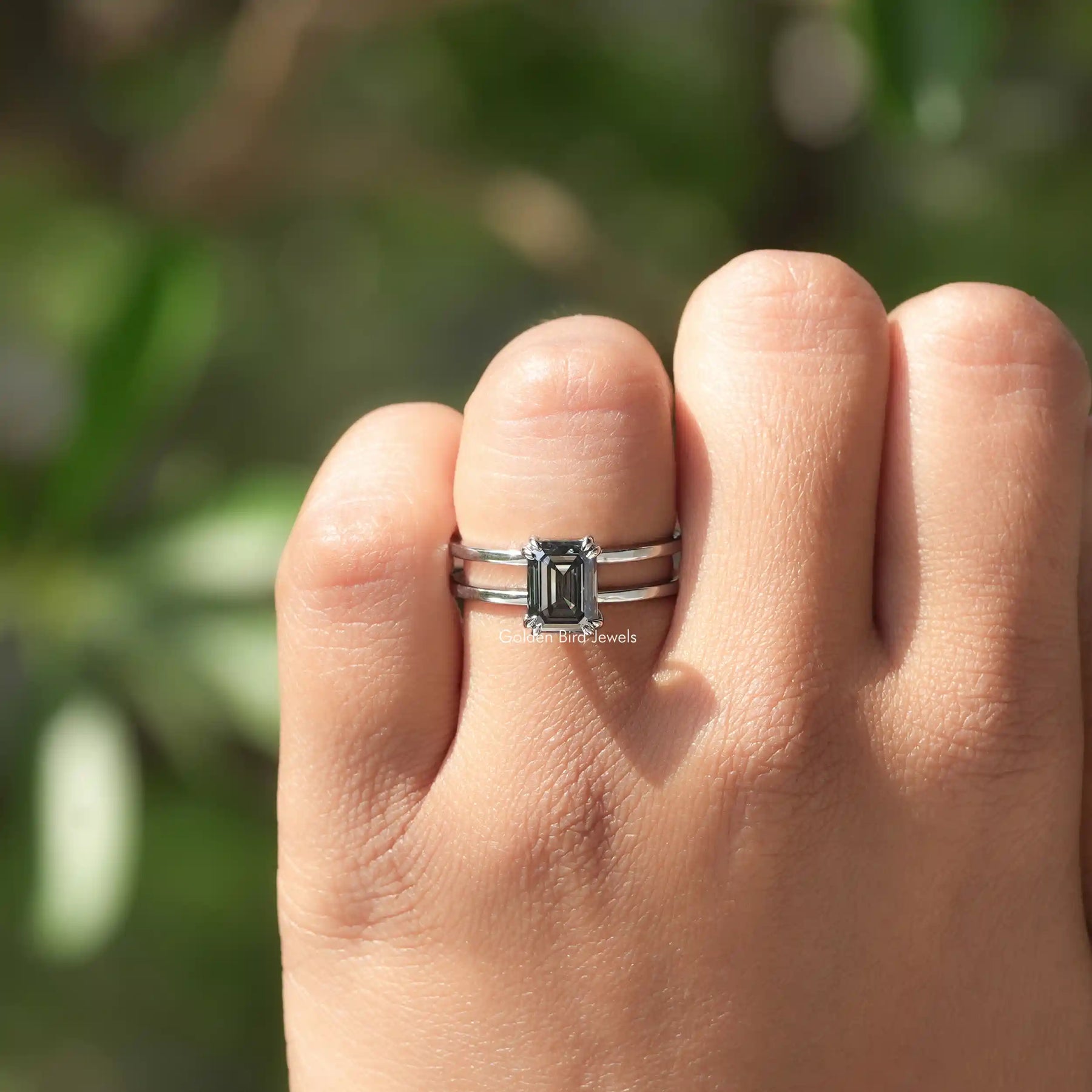 Gray Emerald Shaped Moissanite Engagement Ring