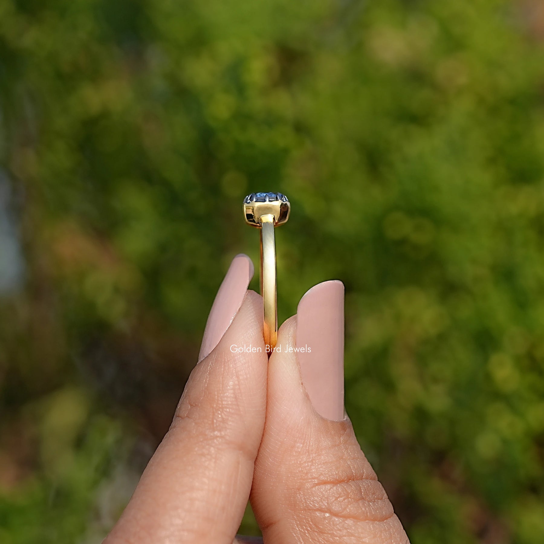 East West Old Mine Emerald Moissanite Solitaire Ring