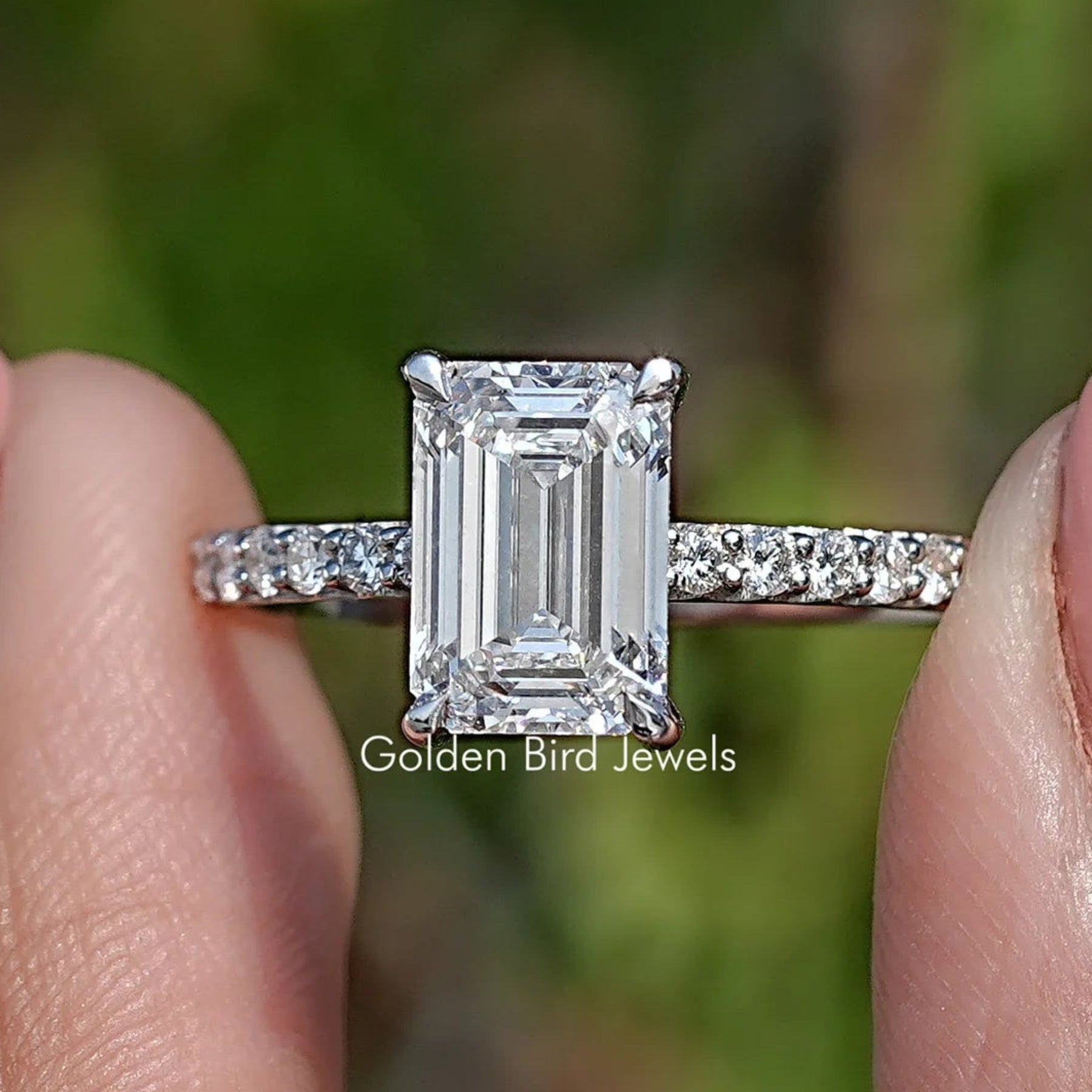 Emerald Lab Diamond Hidden Halo Engagement Ring