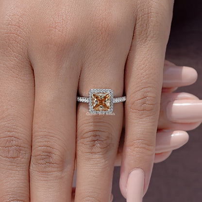 Champagne Princess Moissanite Accent Halo Ring