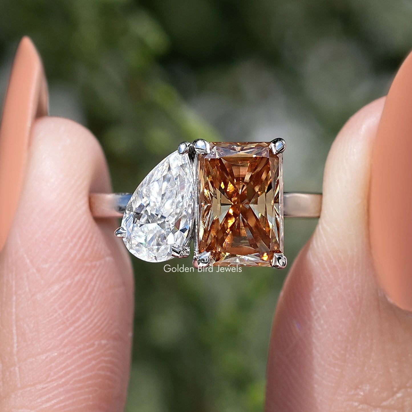 Pear Radiant Fancy Colored Moissanite Toi Et Moi Ring