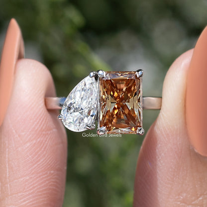 Pear Radiant Fancy Colored Moissanite Toi Et Moi Ring