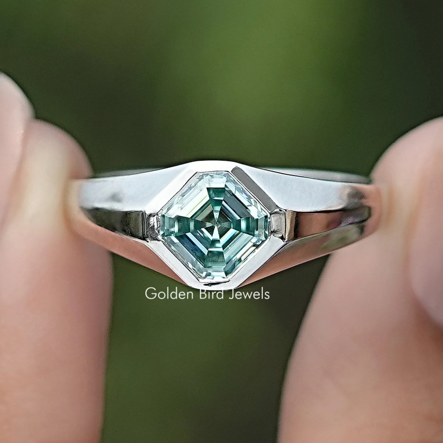 Front view of Blue Asscher Cut Moissanite Solitaire Ring