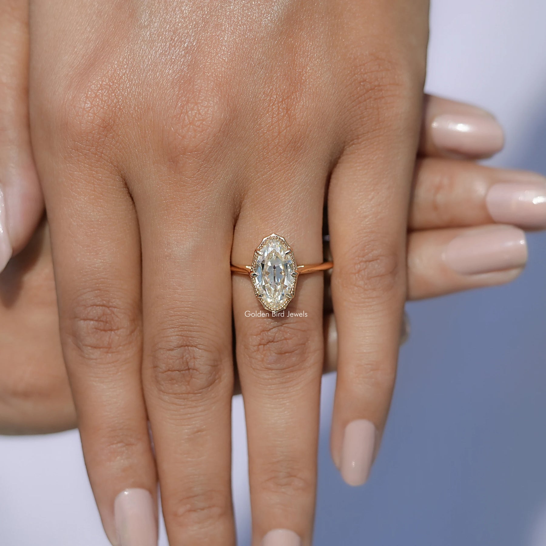 Close view of Moval Shape Moissanite Stone Ring 