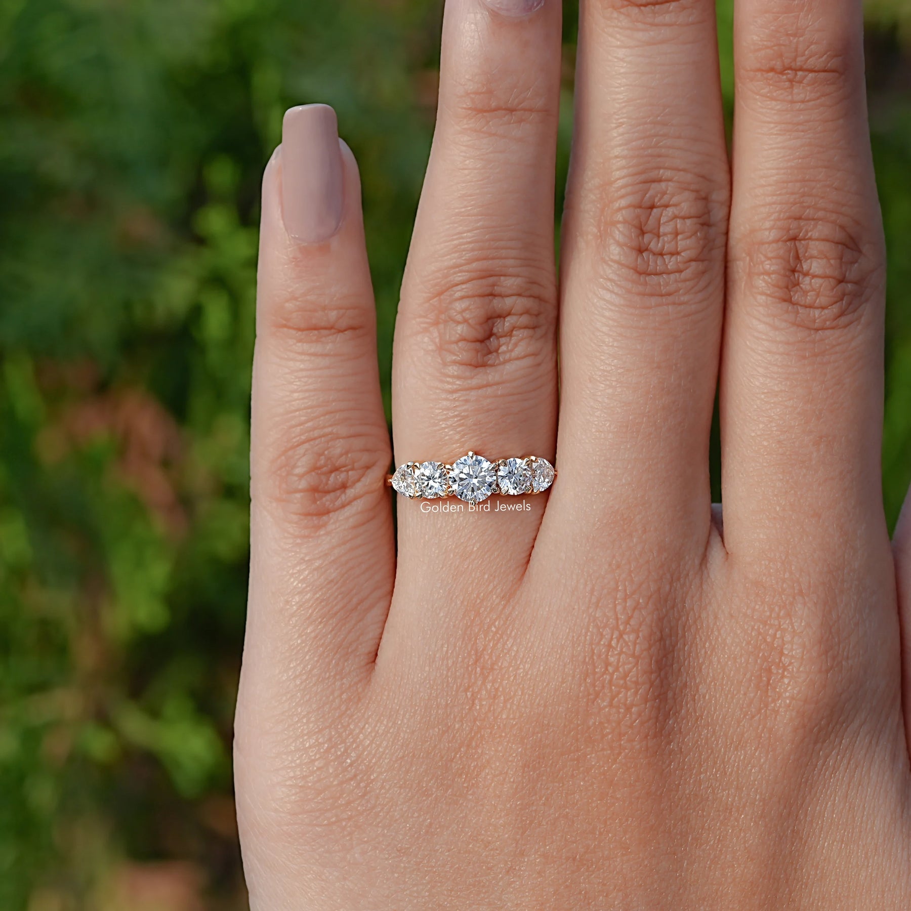 Detailed View of Round And Heart Cut Lab Diamond Ring In Yellow Gold