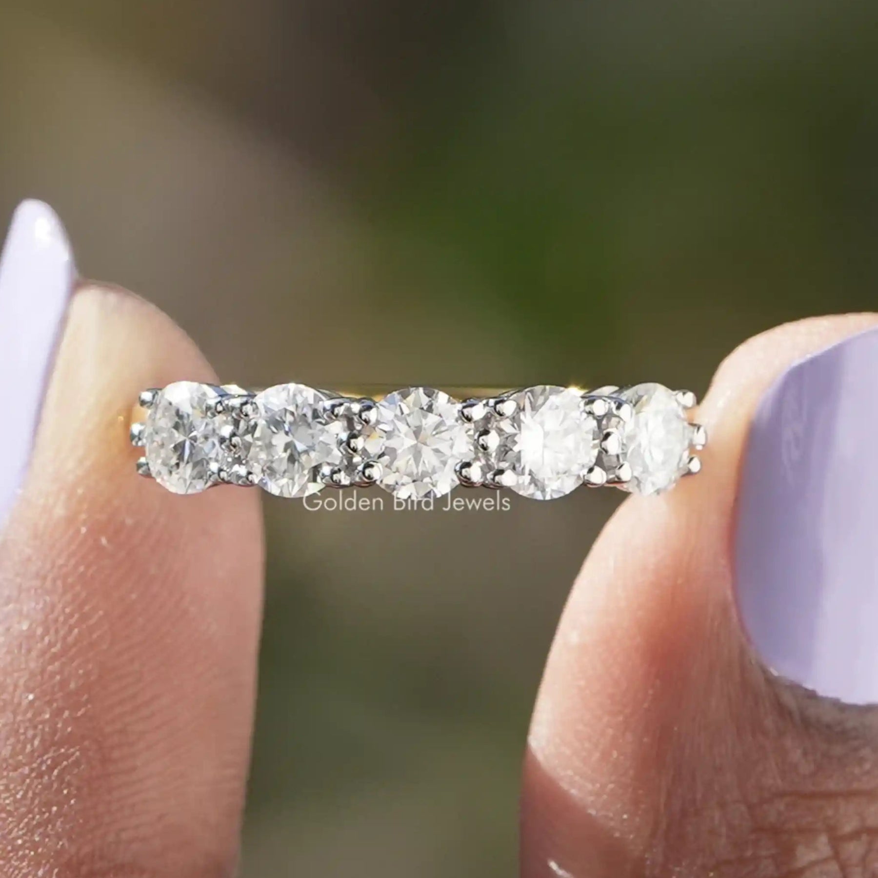 [Moissanite Five Stone Round Cut Band]-[Golden Bird Jewels]