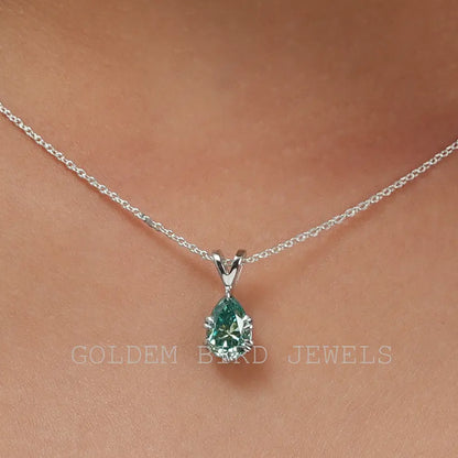 Elongated Blue Pear Moissanite Solitaire Pendant