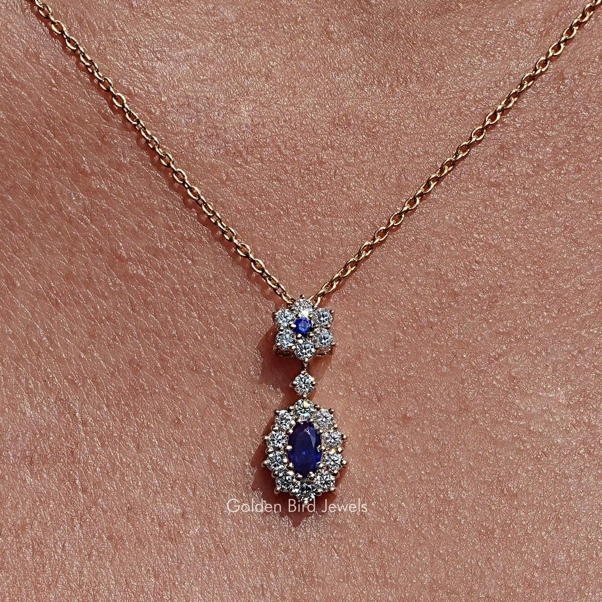 Blue Sapphire Oval Gemstone Halo Pendant