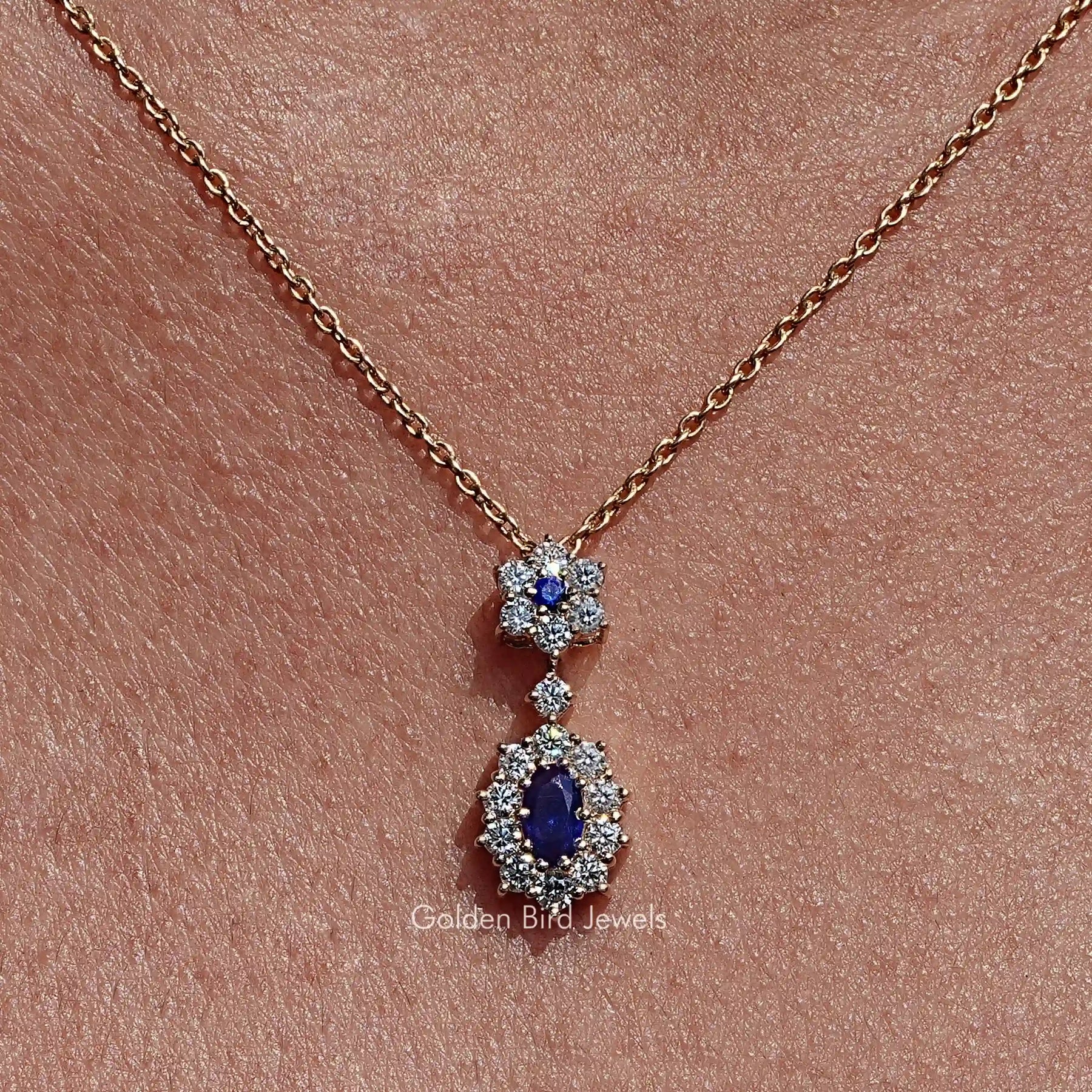 Blue Sapphire Oval Gemstone Halo Pendant