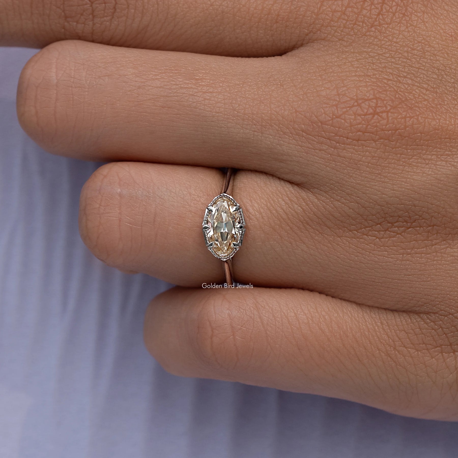 East West Old Mine Moval Moissanite Solitaire Ring