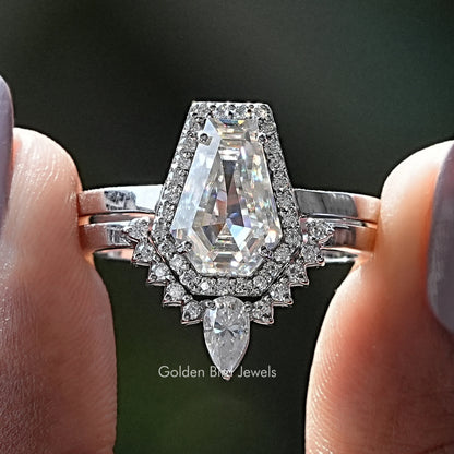 Coffin Cut Moissanite Halo Bridal Ring Set