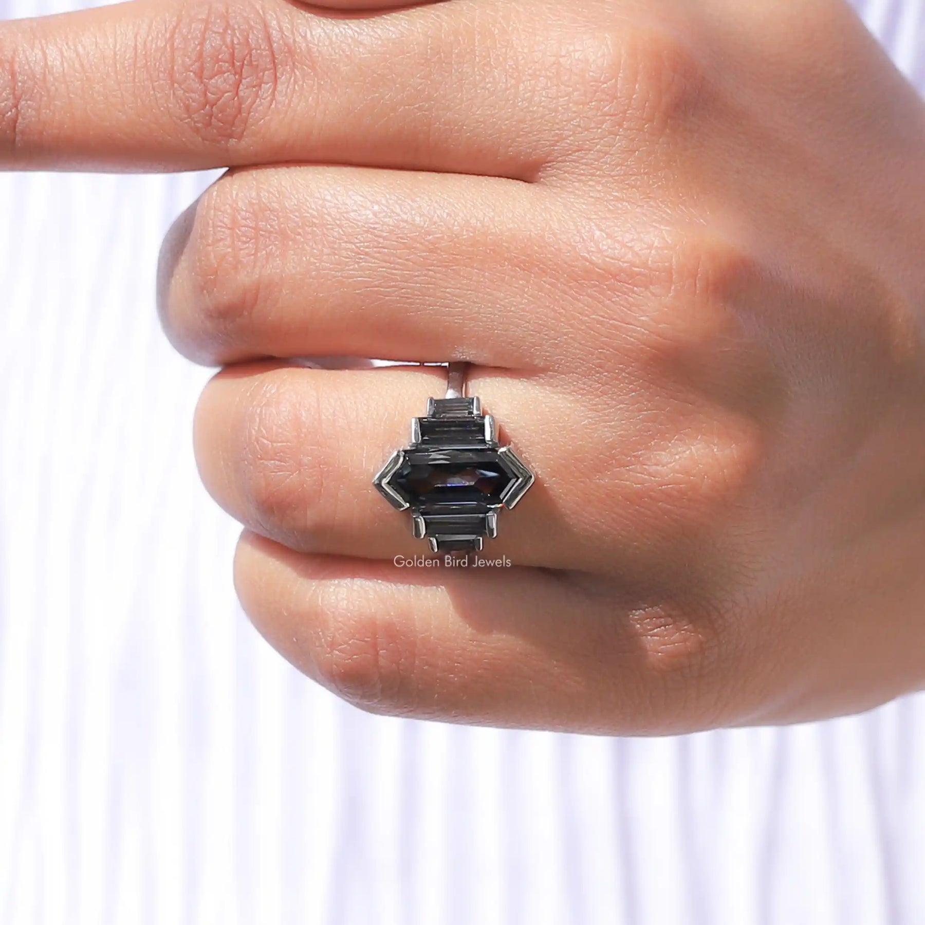 Gray Elongated Hexagon Five Stone Moissanite Ring