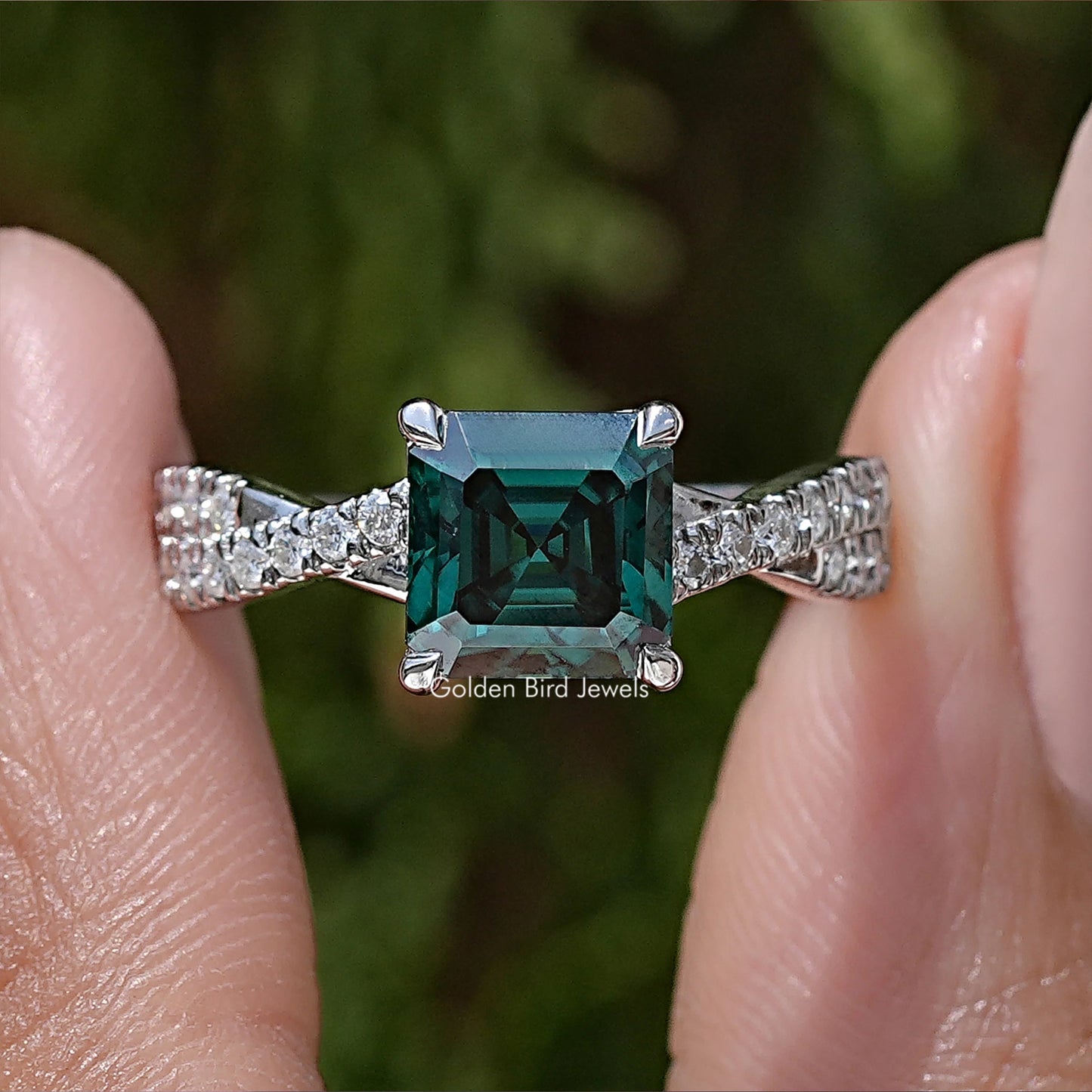 Asscher Cut Moissanite Gemstone Twisted Accent Ring