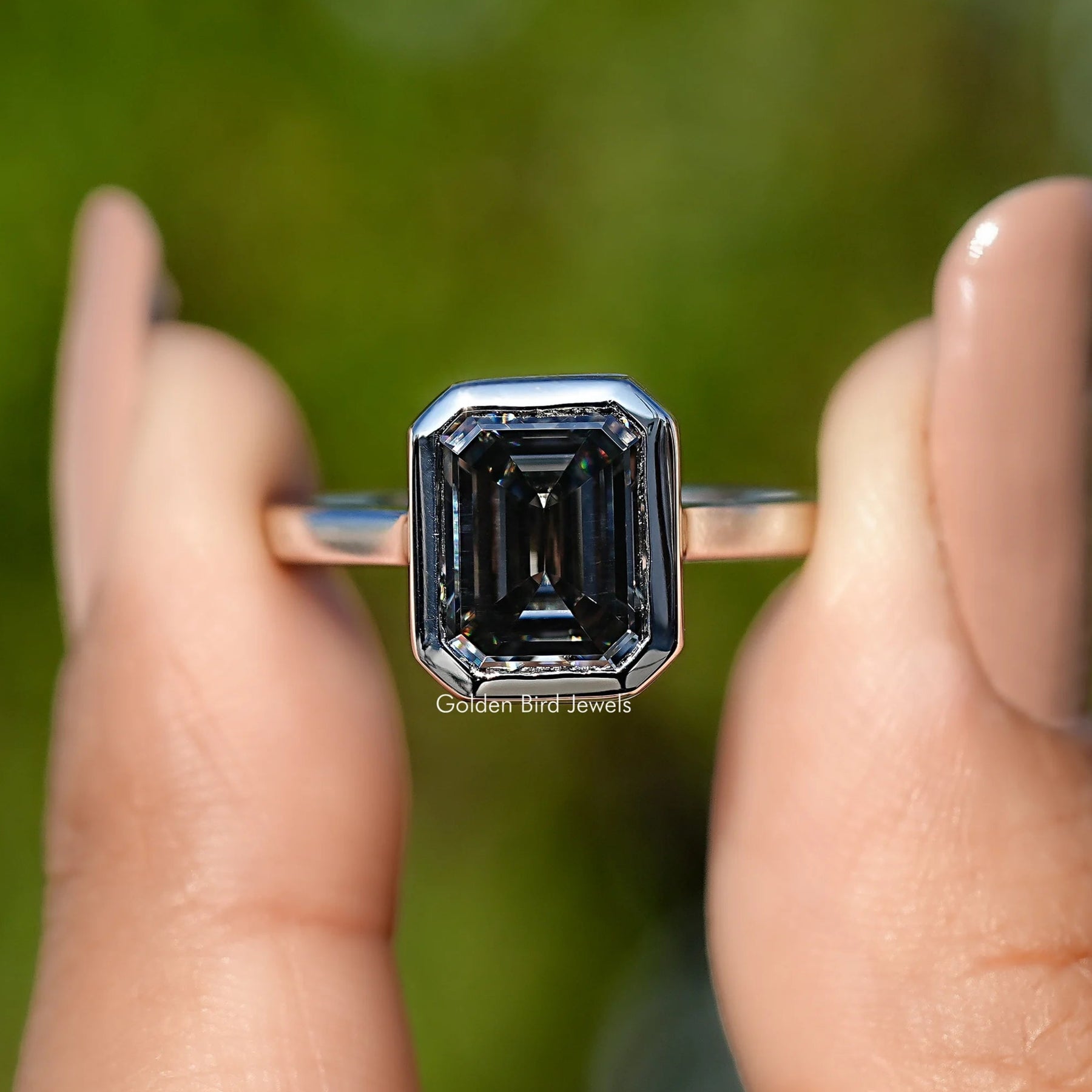 Grey Emerald Cut Moissanite Solitaire Ring