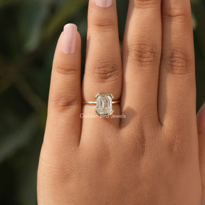 Detailed View of Emerald Cut Moissanite Engagement Ring In Yellow Gold