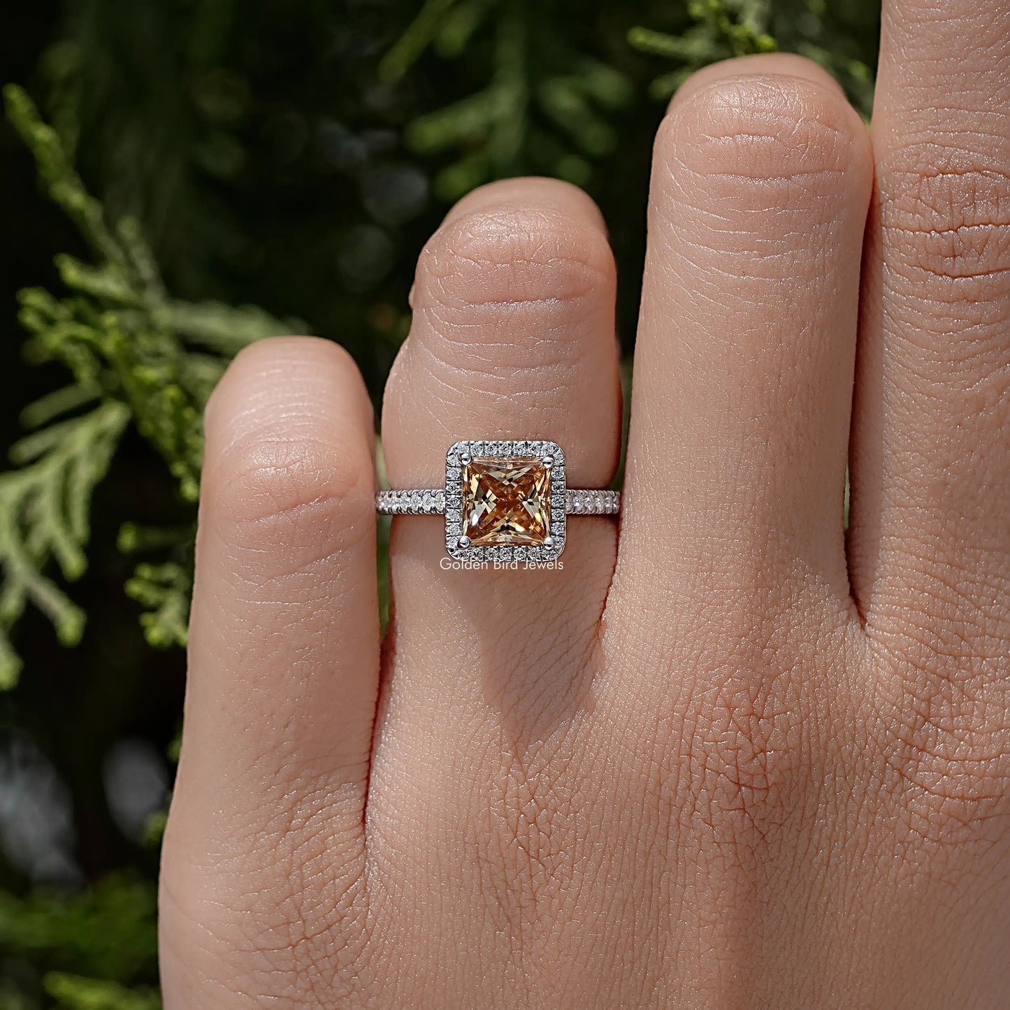 Champagne Princess Moissanite Accent Halo Ring