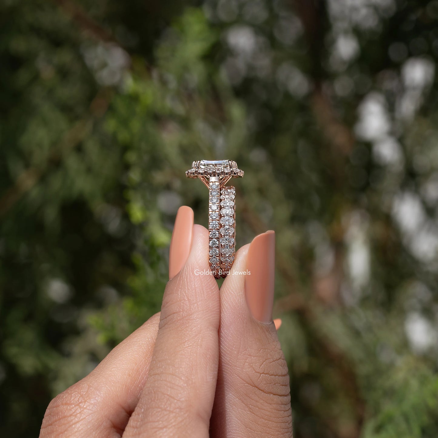 Radiant Cut Lab Diamond Halo Bridal Ring Set