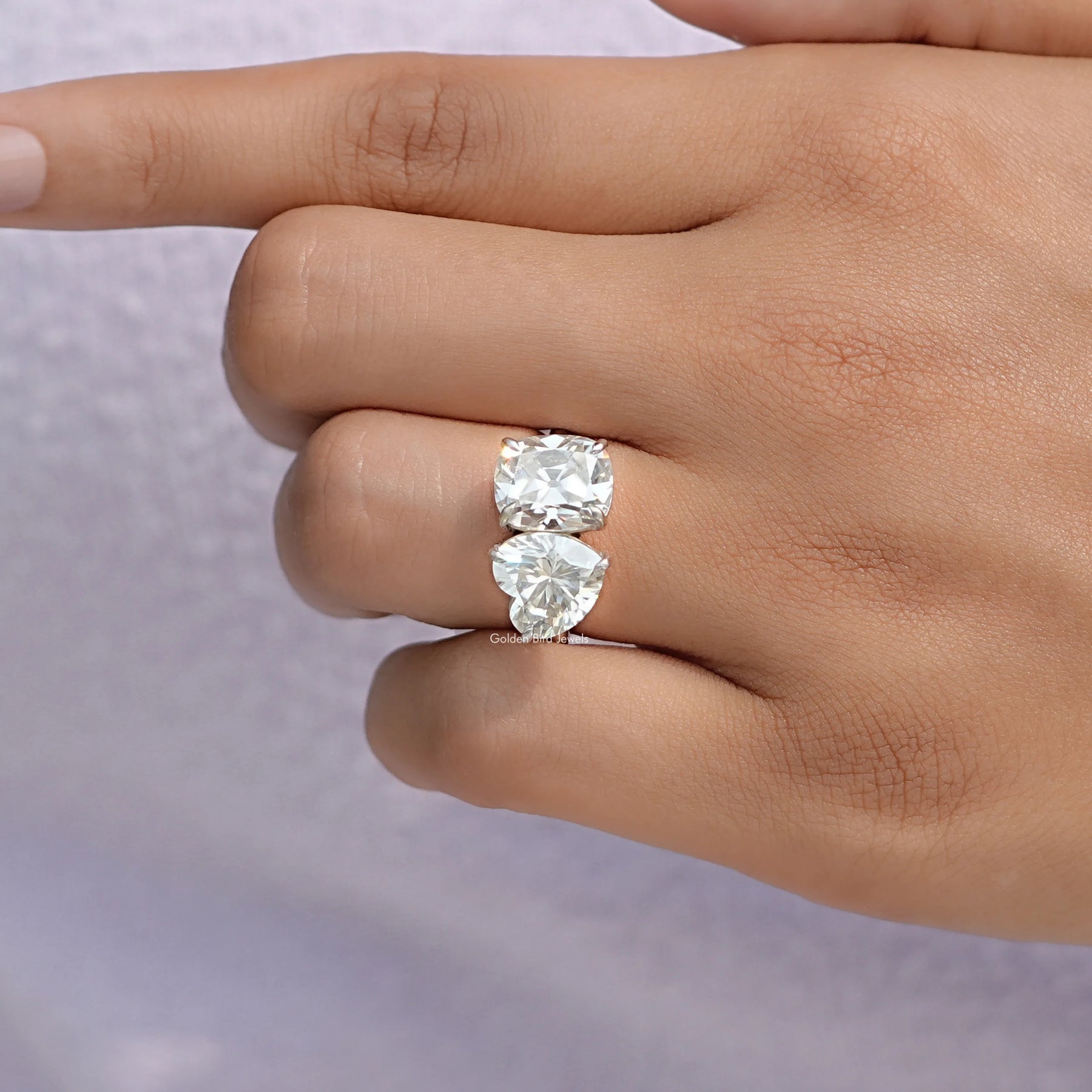 Detailed View of Old Mine Cut Cushion Moissanite Toi Et Moi Ring In White Gold