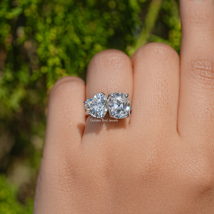 Heart and Old Mine Cushion Moissanite Toi Et Moi Ring
