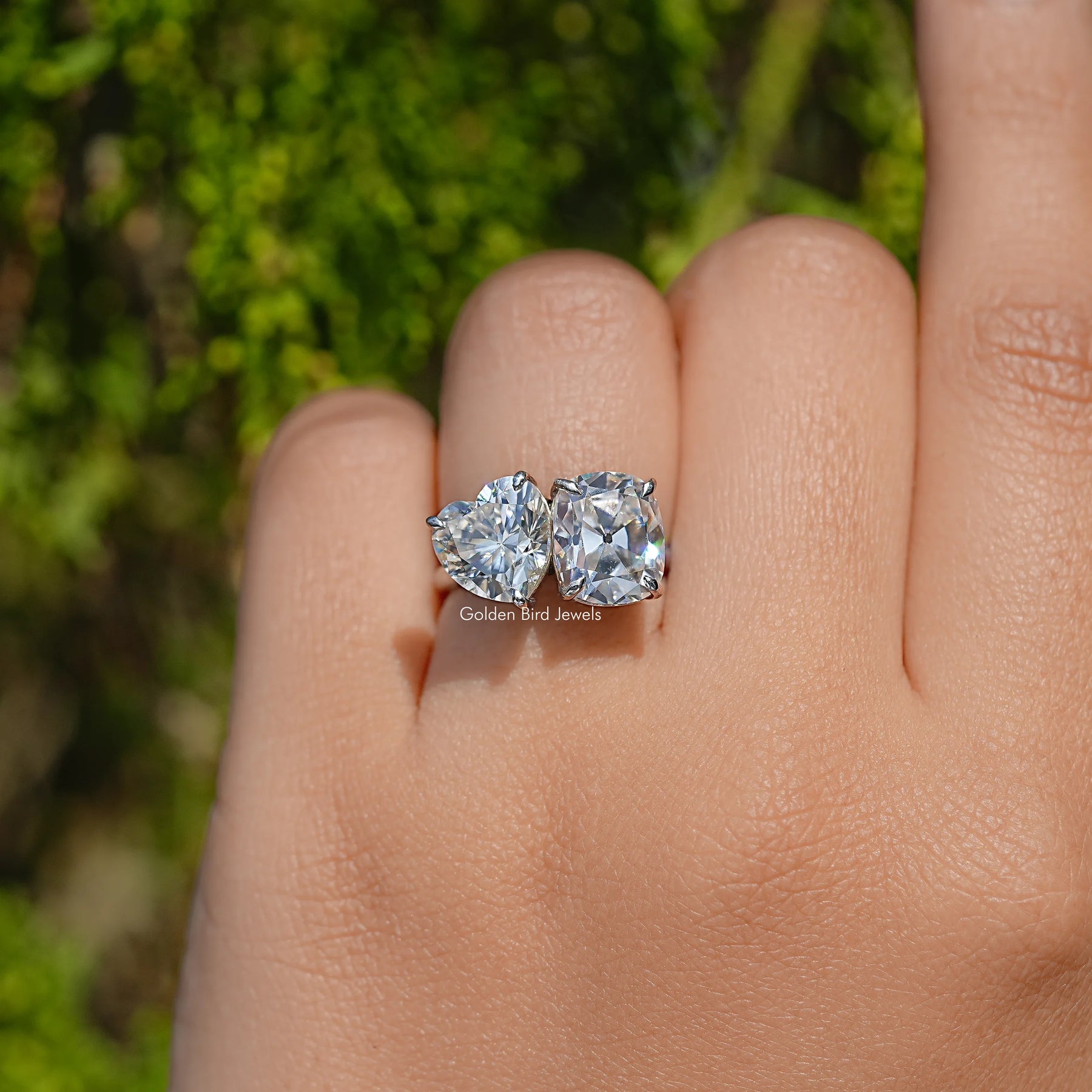 Heart and Old Mine Cut Cushion Moissanite Toi Et Moi Ring