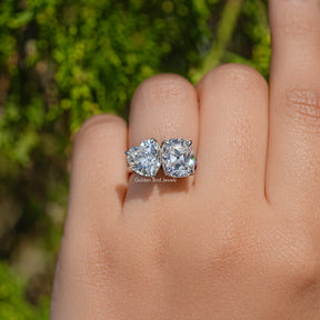 Heart and Old Mine Cut Cushion Moissanite Toi Et Moi Ring