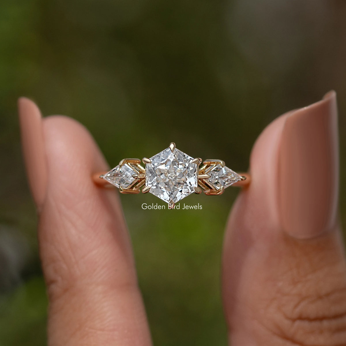 Hexagone Cut Lab Diamond Three Stone Ring