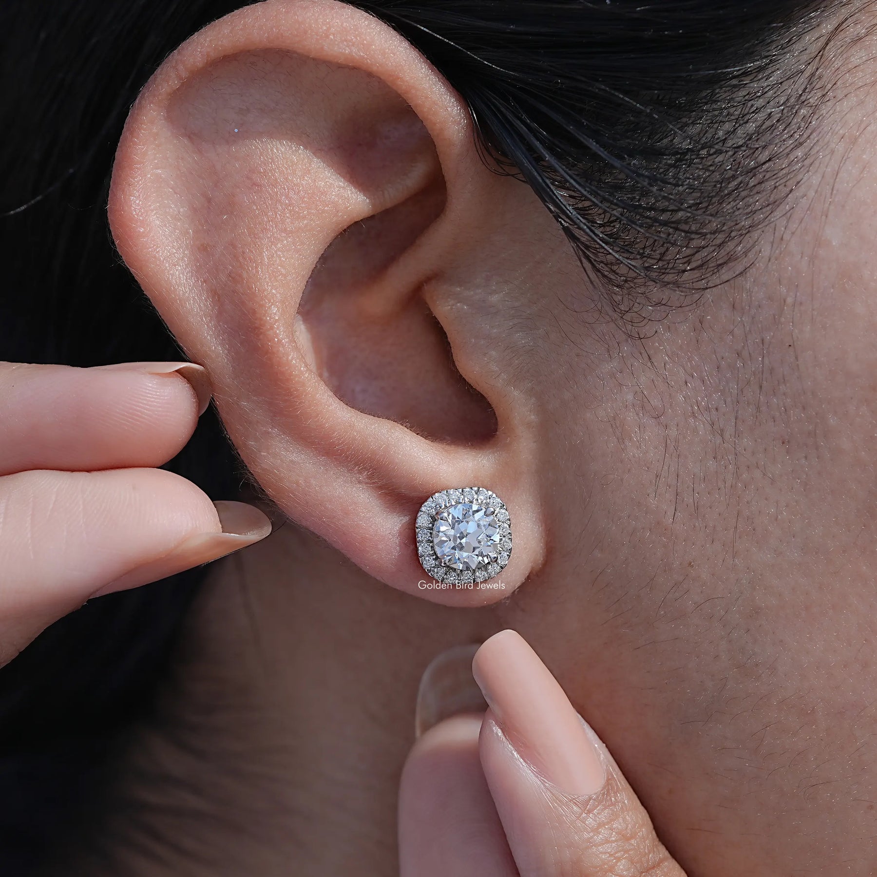 Front View of Old Round Cut Halo Diamond Earrings In  Ear's
