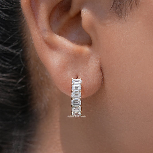 Silver-tone emerald-cut lab diamond huggie earrings with rectangular stone rows