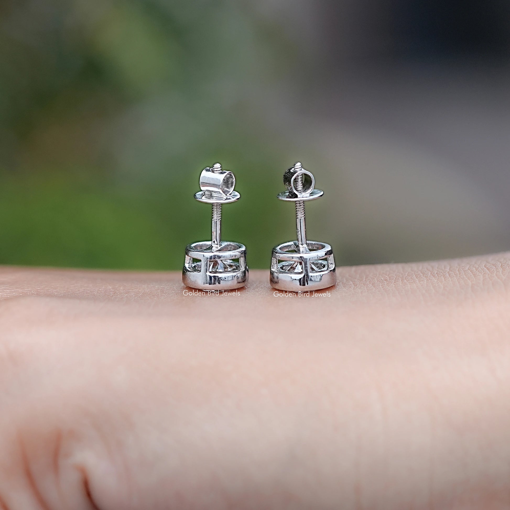 Back View of Round Cut Diamond Bezel Set Earrings in screw back