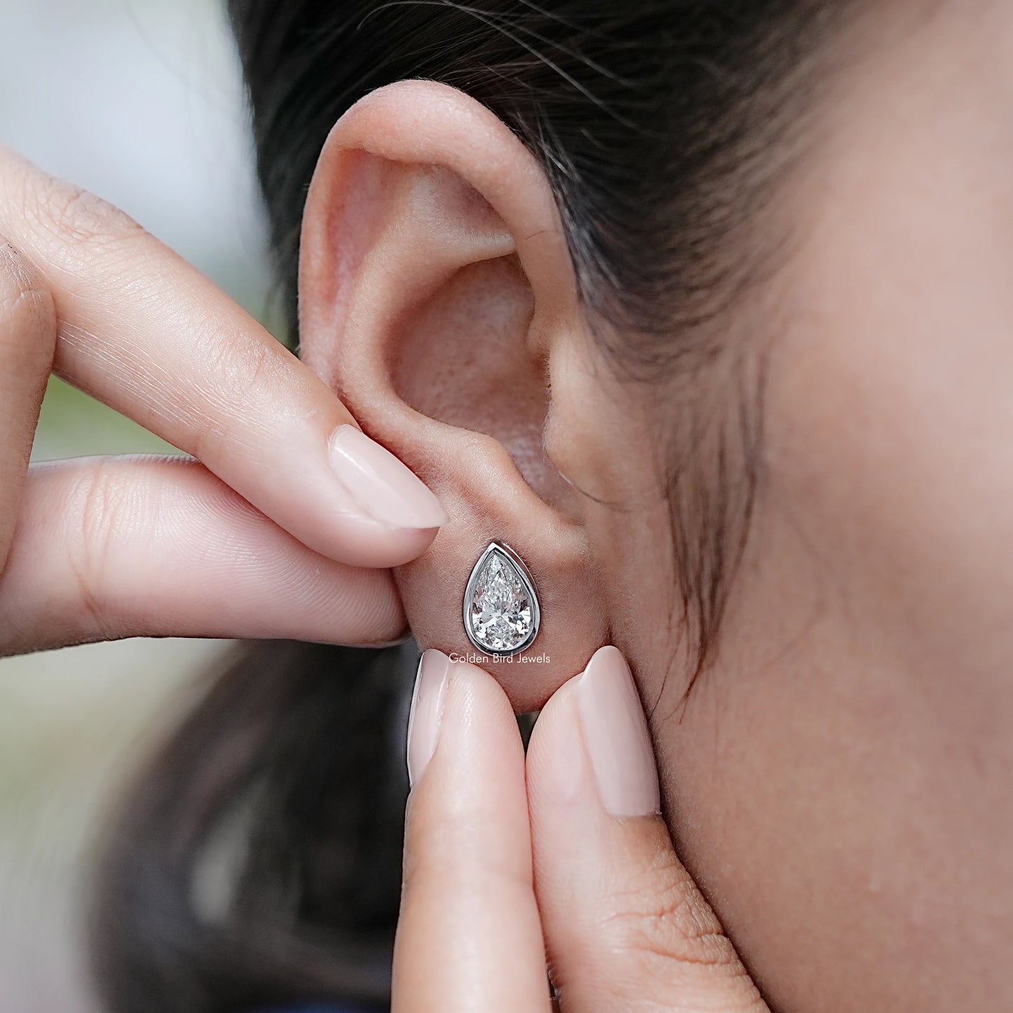 Detailed view of Bezel Pear Lab Diamond Stud Bridal Earrings