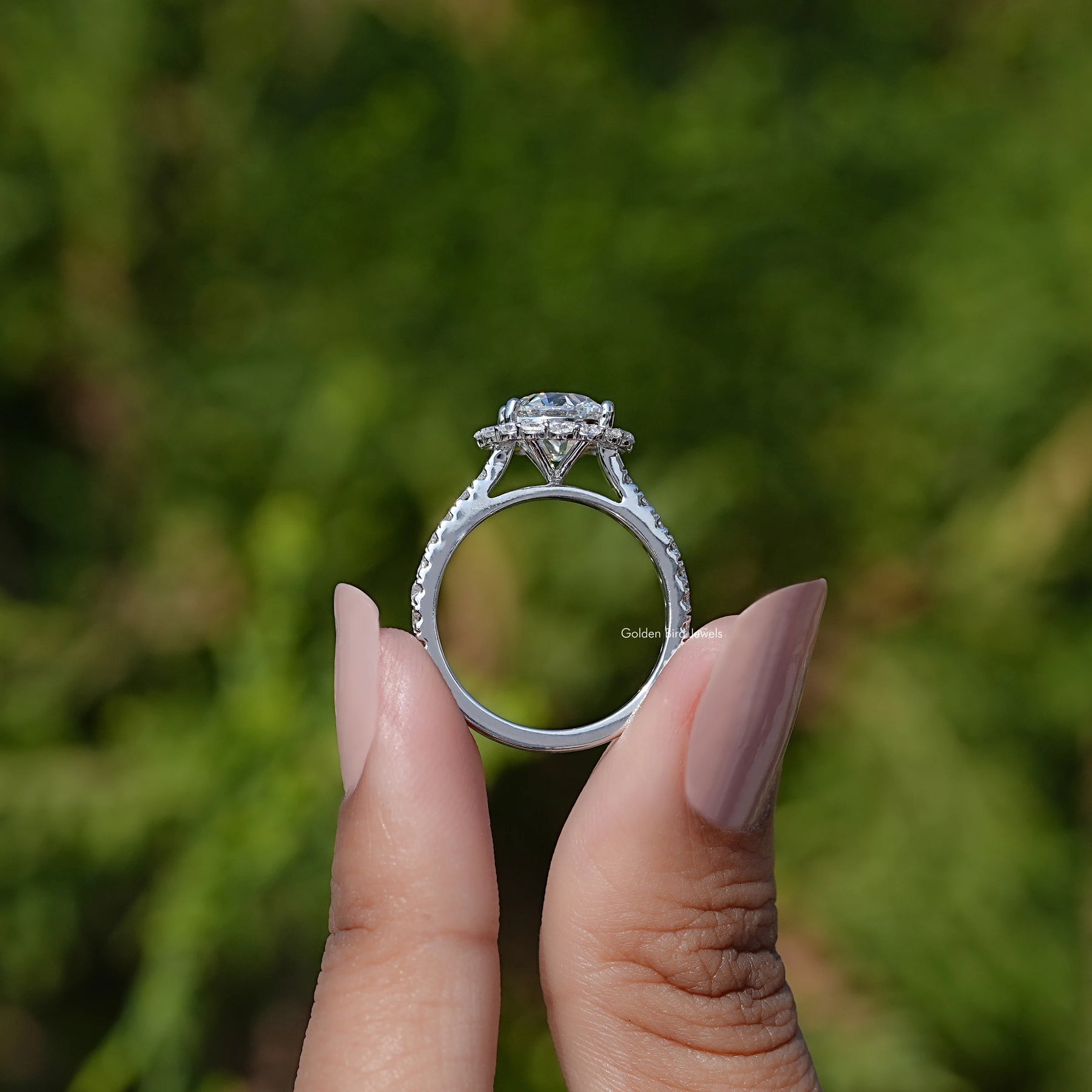 Back view of Old European Round Lab Diamond Halo Accent Ring in secure setting 