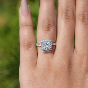 In finger view of Princess Cut Lab Diamond Halo Ring