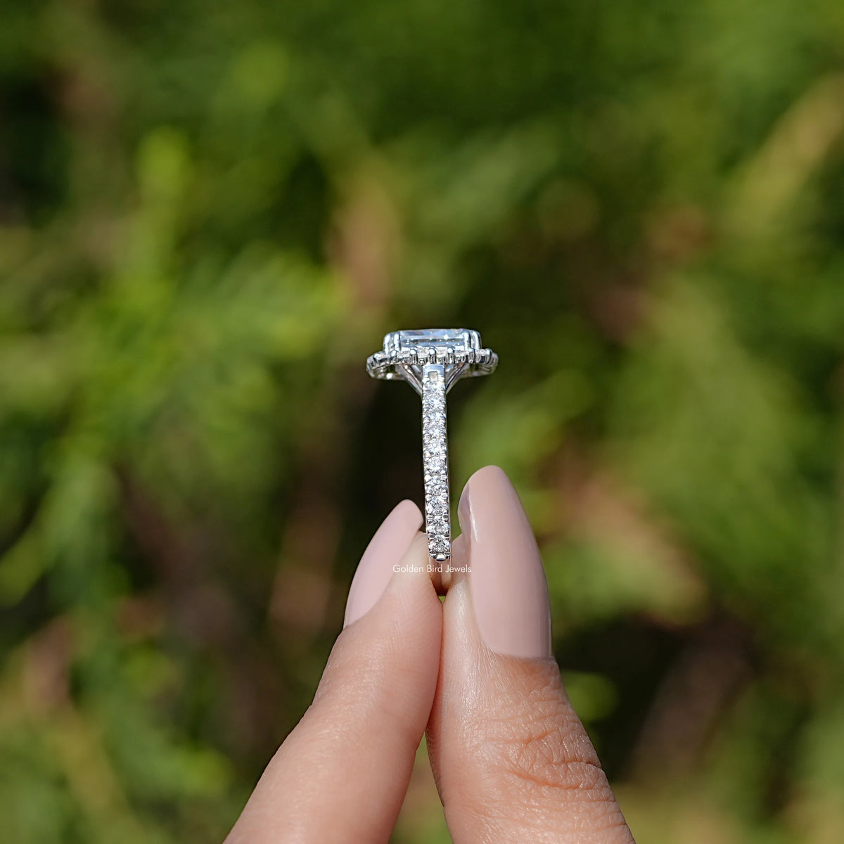 Side View of Lab Diamond Halo Accent Engagement Ring