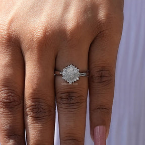 14k white gold round shaped lab diamond cluser engagement ring