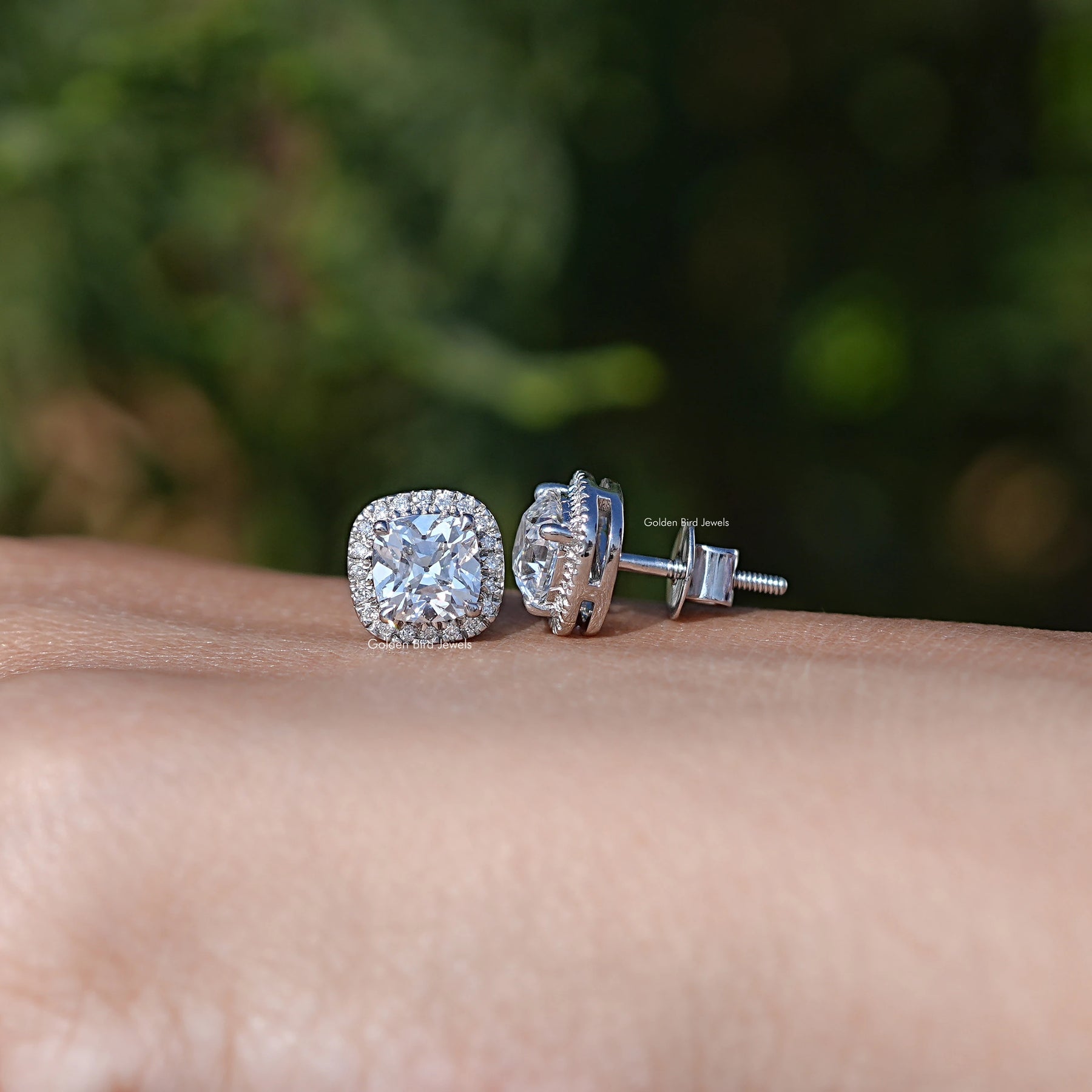Front & Side View of Cushion Cut Lab Diamond Halo Stud Earrings In White Gold