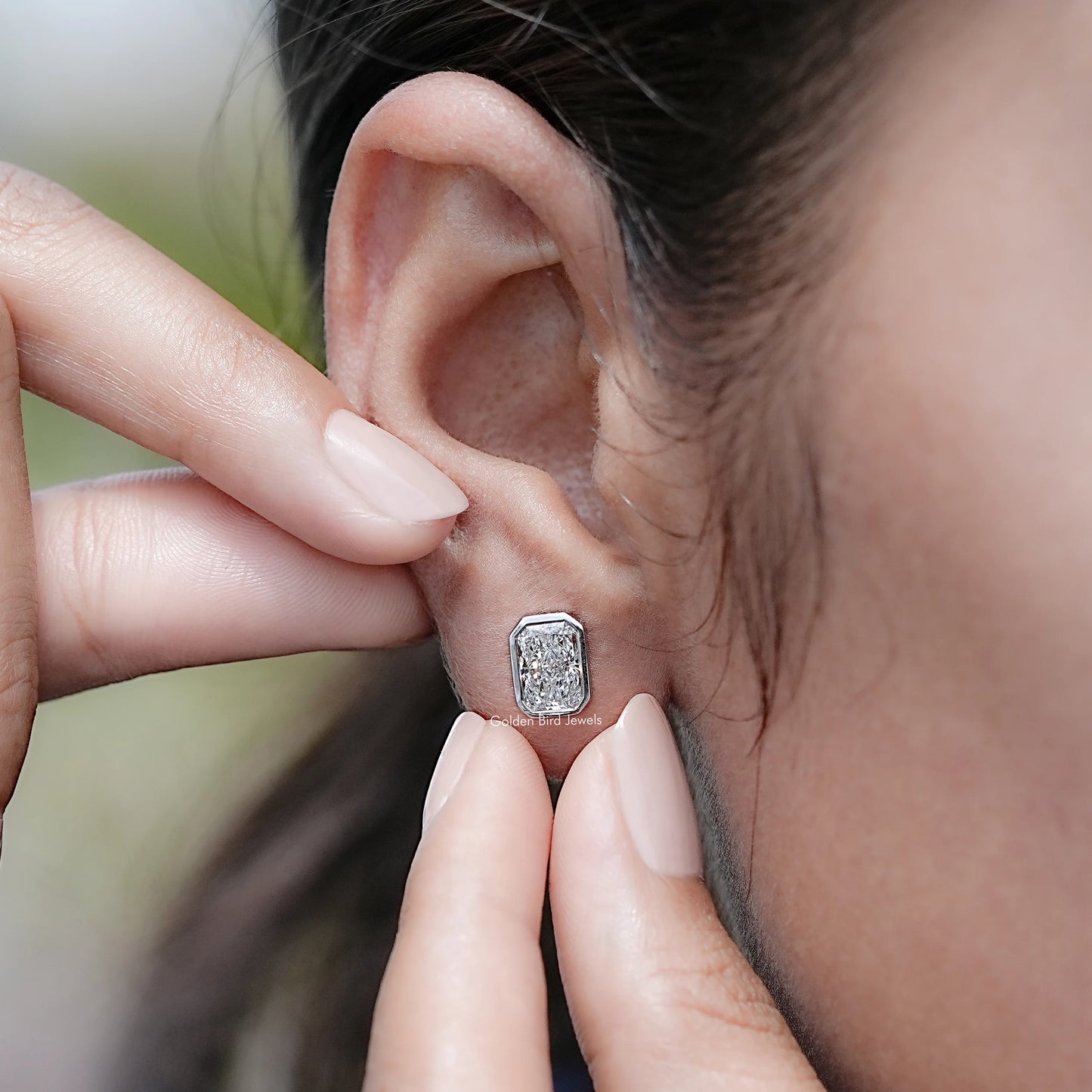 Display view of Radiant Cut Lab Grown Diamond Stud Earrings