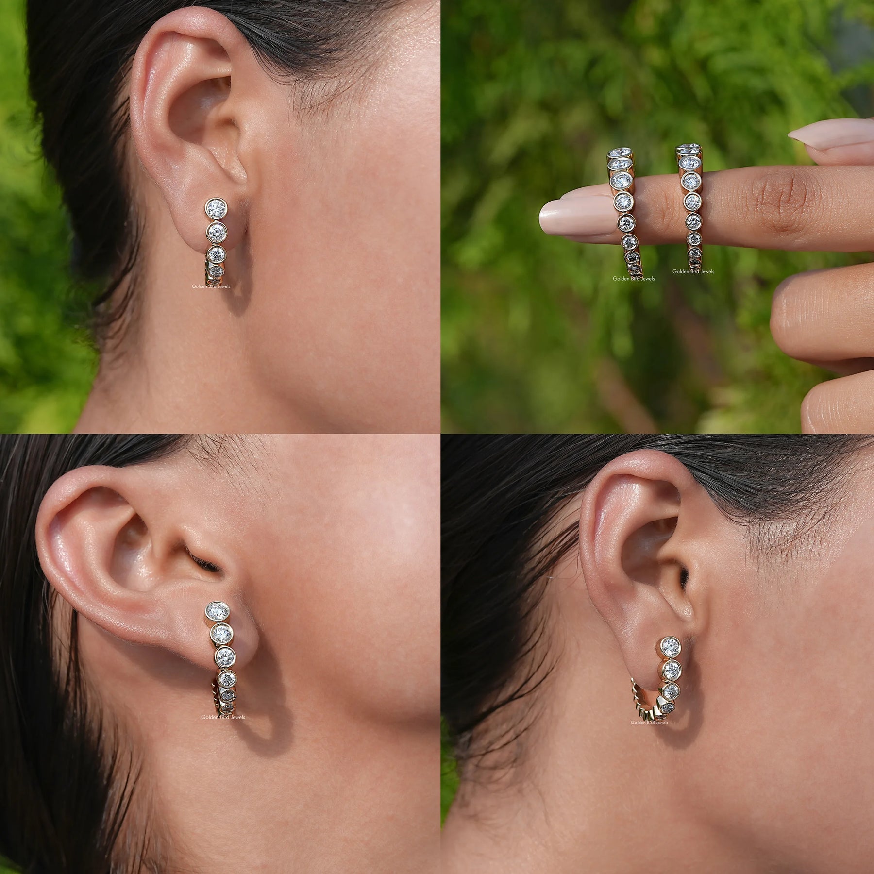 Detailed View of Lab Grown Round Cut Diamond C Hoop Earrings In Yellow Gold