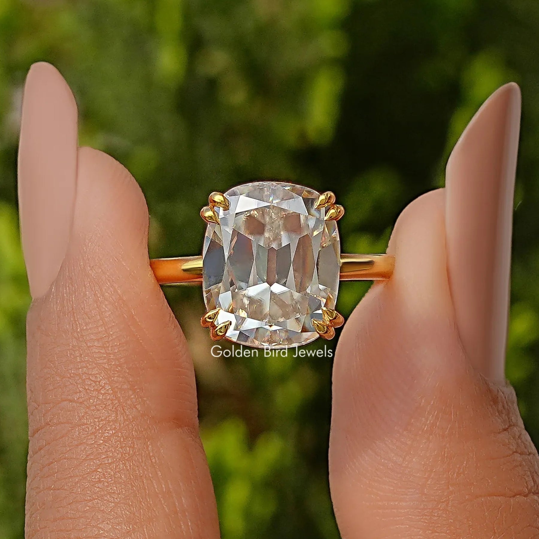 Elongated Old Mine Cut Cushion Solitaire Moissanite Ring