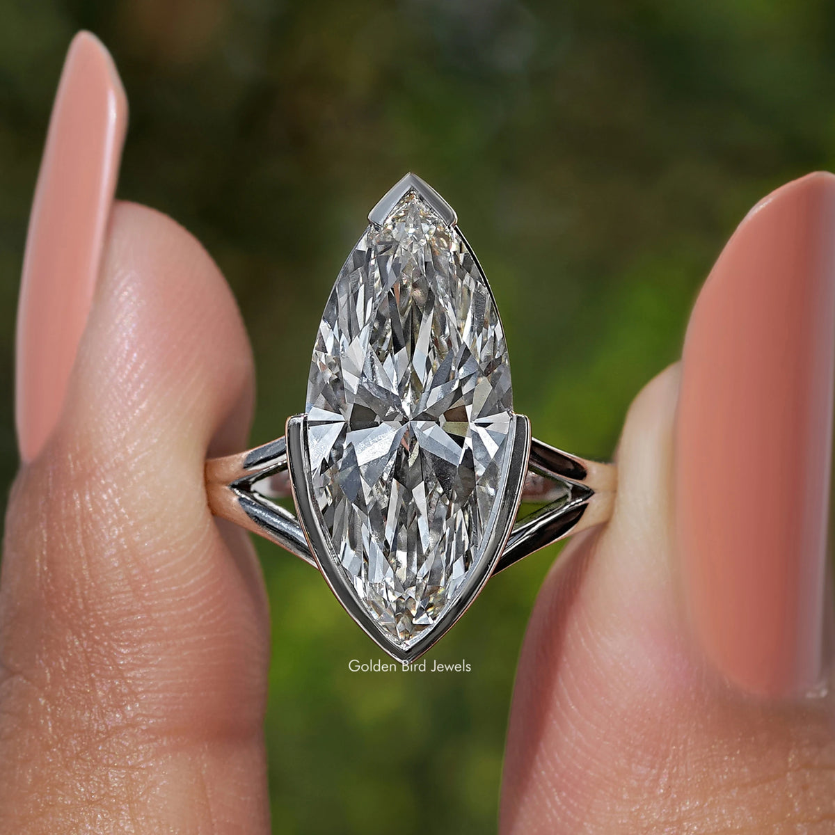 Marquise lab-grown diamond ring close-up front view with split shank prongs