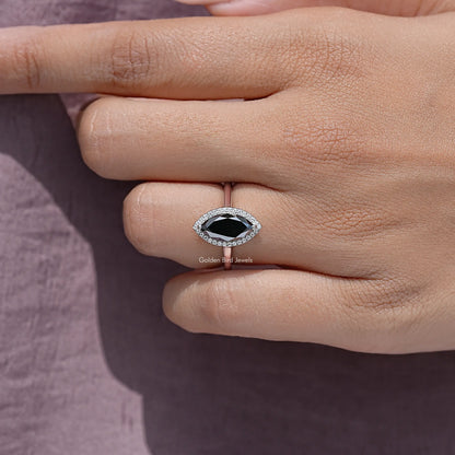 Black Marquise Moissanite Halo Diamond Wedding Ring