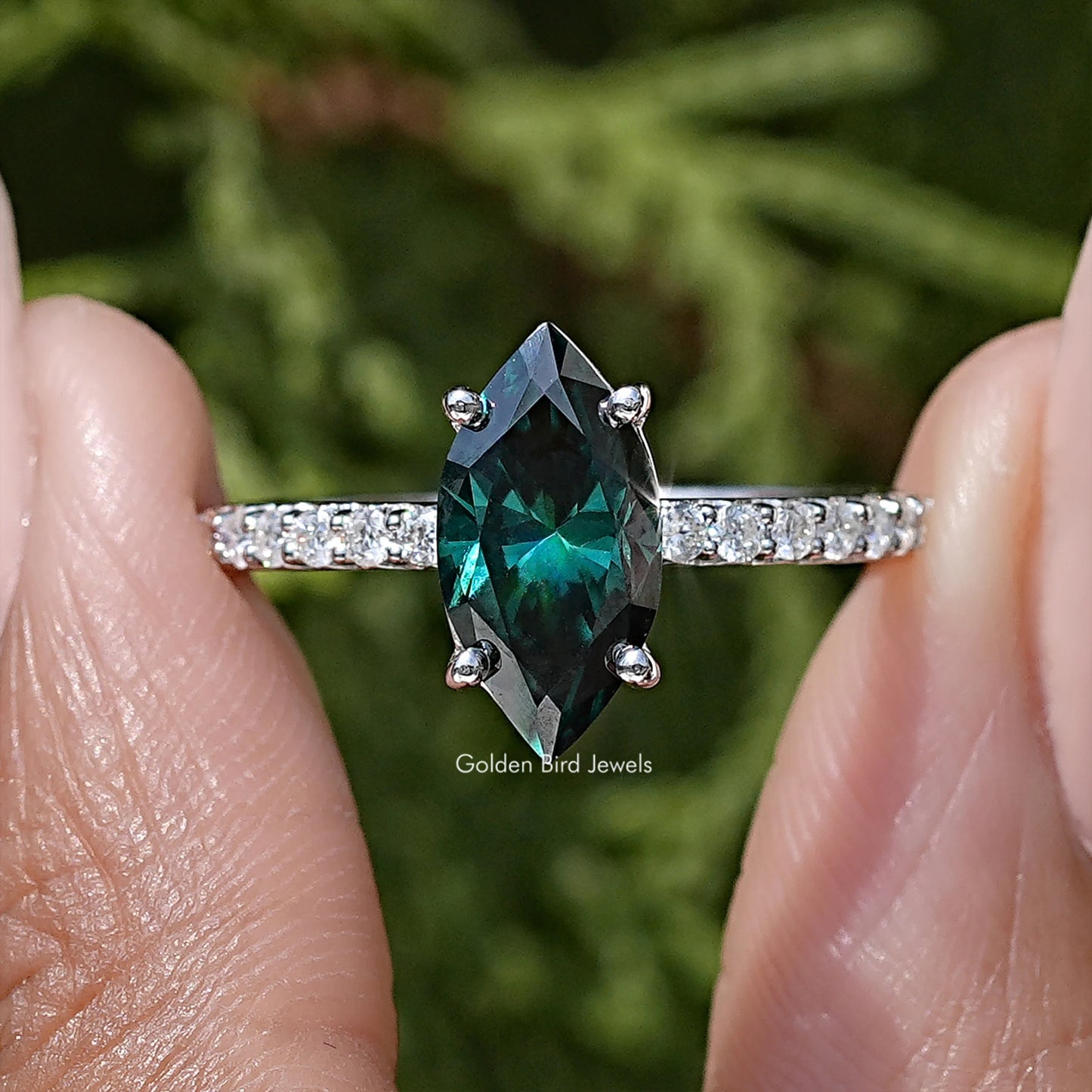 Green Marquise Moissanite Gemstone Solitaire Accent Ring