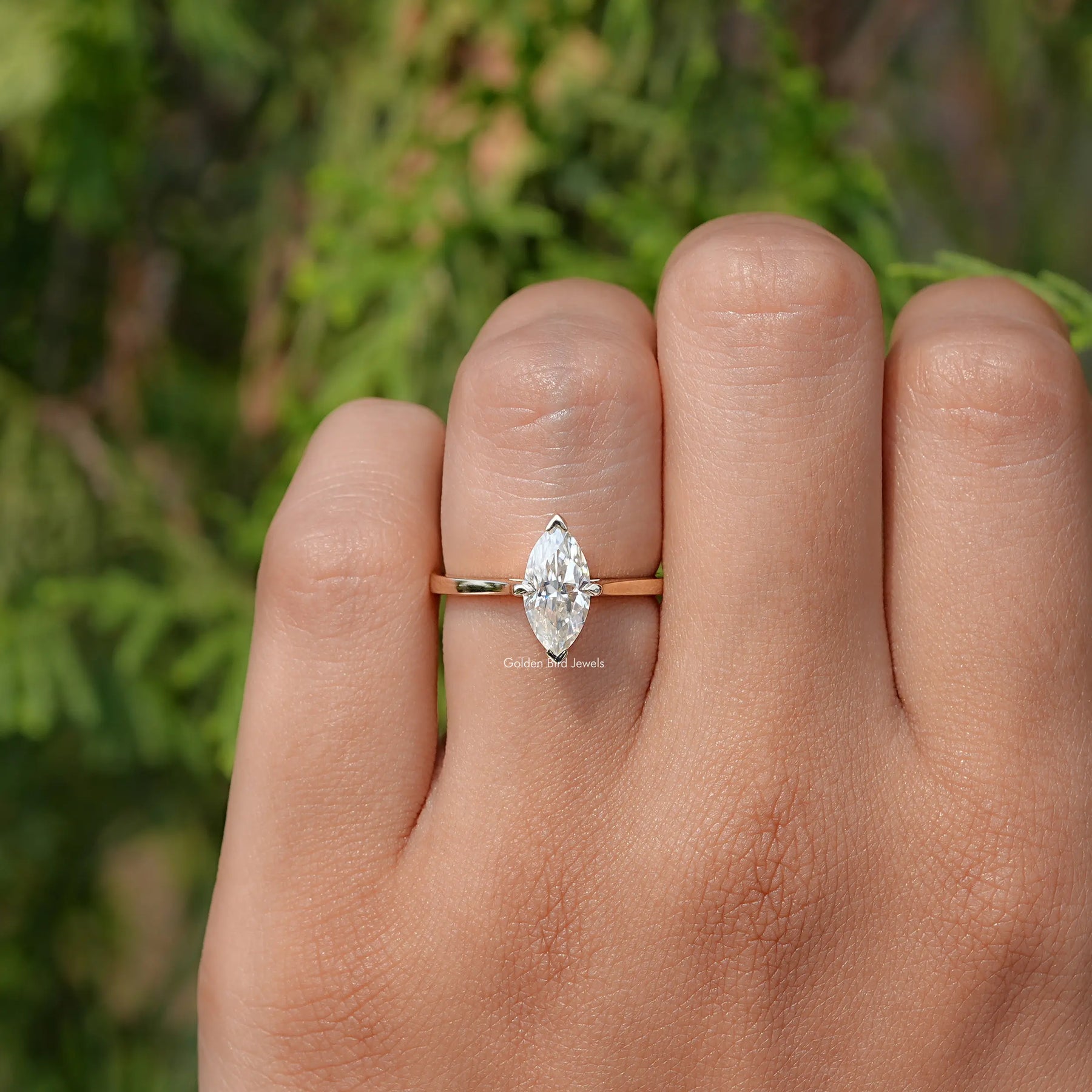 In Finger view of Marquise Cut Moissanite Solitaire Ring 
