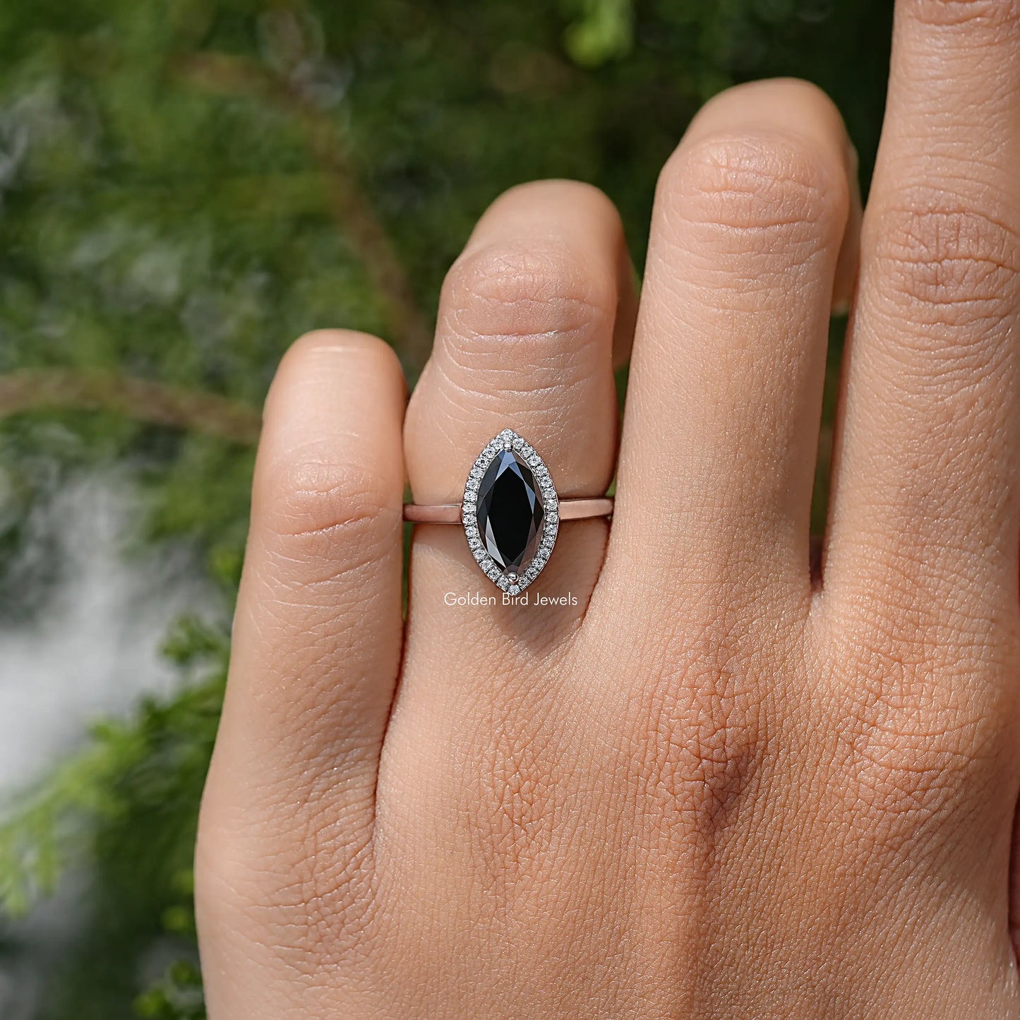 Black Marquise Moissanite Halo Diamond Wedding Ring