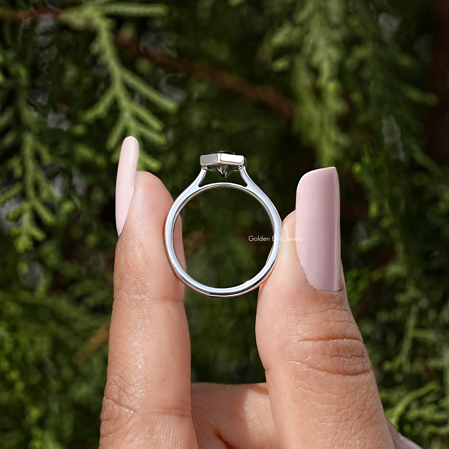 Green Dutch Marquise Cut Moissanite Diamond Bezel Set Ring